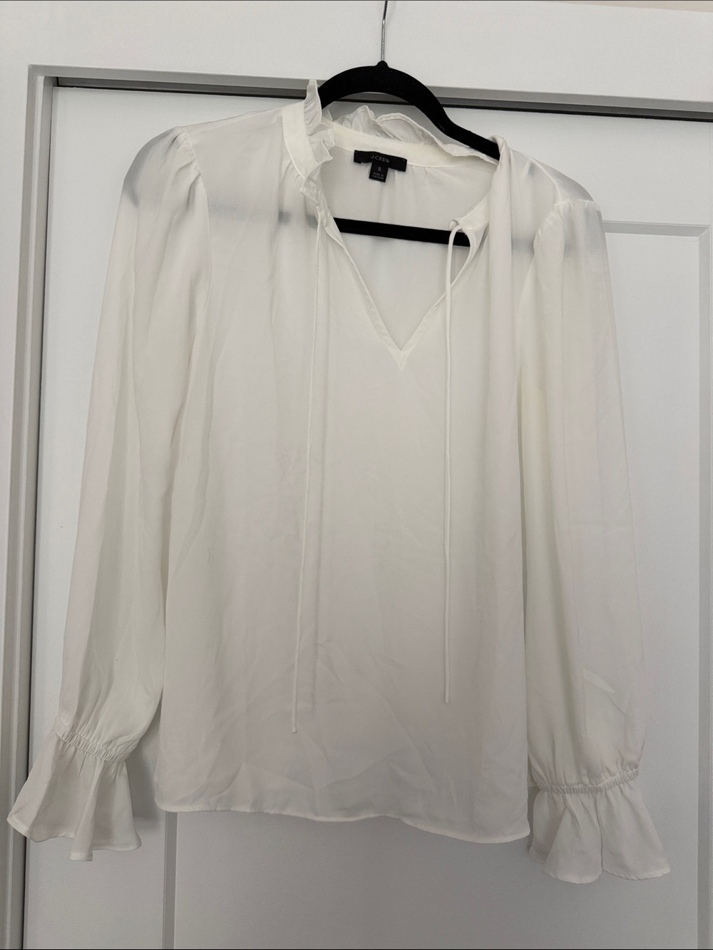 J Crew Cream Tie-Neck Long Sleeve Ruffle Blouse